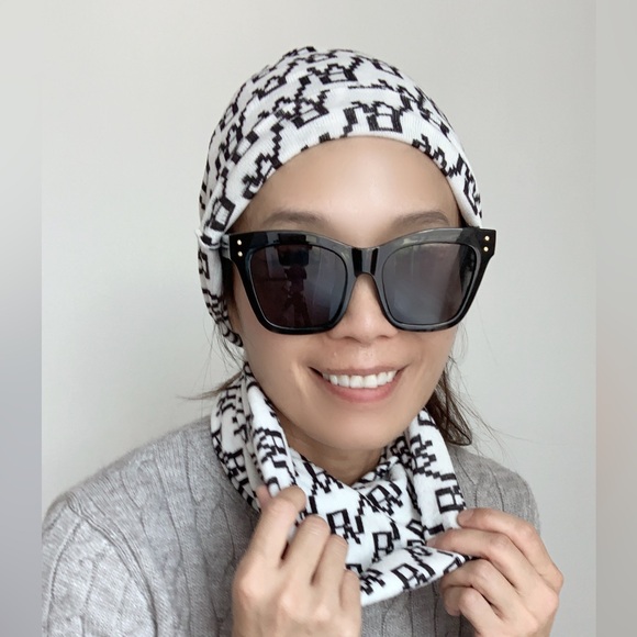 MONOGRAM KNIT BEANIE AND INFINITY NECK WARMER - WHITE BLACK PRINT 2 PIECE - Picture 5 of 6